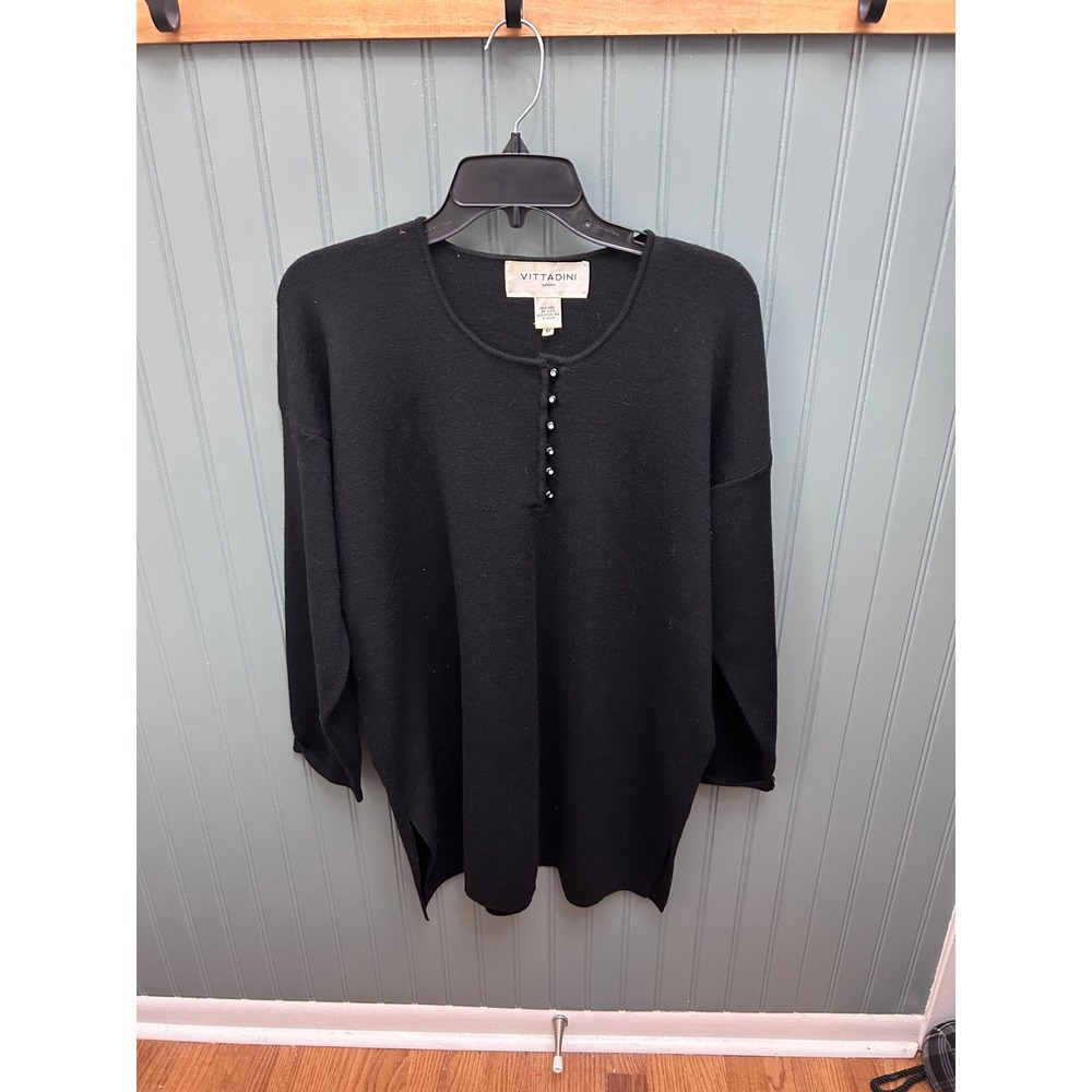 Vittadini Sport Black Wool Henley Button Neck Sweater Size M